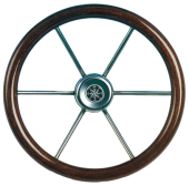 Allpa 6-Spoke Wheel 'Leader Wood' Stainless Steel With Mahogany Rim, Ø390mm, Depth 100mm
