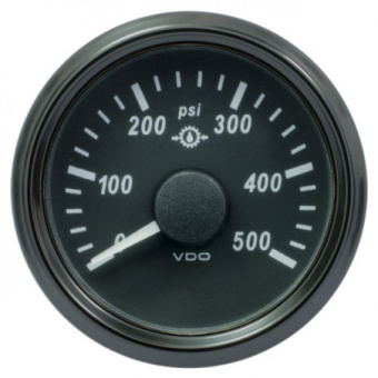 VDO A2C3832740030 - SingleViu 1167 Gear Oil Pressure 500PSI Black 52mm White Lighted w/ Red Pointer