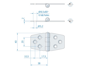 Stainless steel Flat Hinge ROCA 76 x 40mm