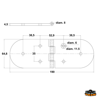 Trem M3565390 - AISI 316 Stainless Steel Hinges Thickness 4 mm - 190x65 mm With Pins Reversed Model