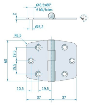 Stainless steel Flat Hinge ROCA 60 x 74mm