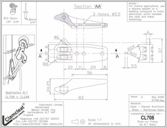 Clamcleat CL708 Rivet-On Fitting for 6:1 Downhaul Systems, 3–5 mm Rope