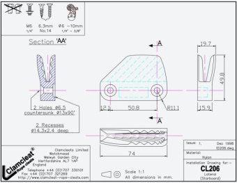 Clamcleat CL206 Lateral Starboard Cleat for 6–10 mm Rope