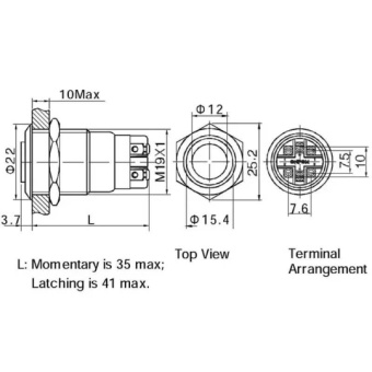 Stainless Steel Push Button On/Off Blue 24V 22mm
