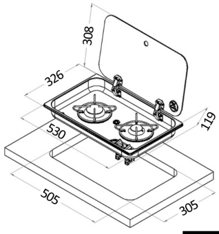 Osculati 50.715.02 - Stainless Steel Hob Unit With Tinted Glass Cover 2 Burners Recess 119 mm