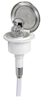 Osculati Classic Evo Stainless Steel Door Flat Mounting Boat Shower with Mizar Chromed Brass Push-Button Shower Head Ø95 mm with White Nylon Hose 4 meter - 15.250.91