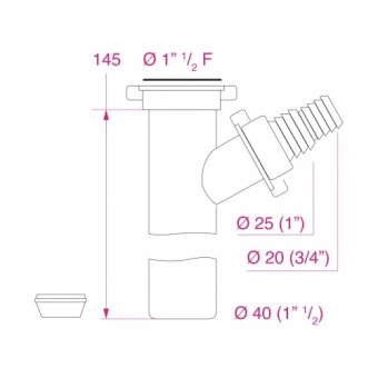 Straight Drain Pipe Dia 1"1/2 F BSP X 40mm With Hose-Tail Dia 20/25mm For Dishwasher, With Mobile Threaded Ring Nuts And Closing Cap