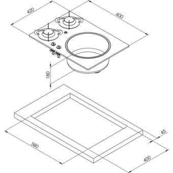 Airxcel Hob Unit 2-Burner SS304 Sink 600x30x420mm
