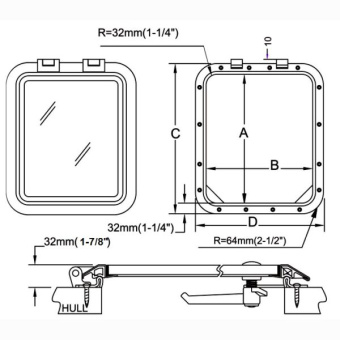 Manship LDH-08-I - Low Profile Deck Hatch 206x349 mm Hinge Short Side
