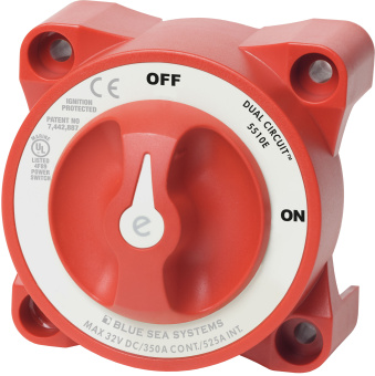 Blue Sea 5510e – e-Series Dual Circuit Battery Switch, 350A Continuous, 32V DC, M10 Studs, Red