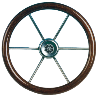 Allpa 6-Spoke Wheel 'Leader Wood' Stainless Steel With Mahogany Rim, Ø390mm, Depth 100mm