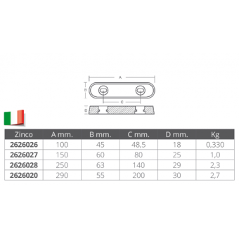 E. Polipodio Oval Zinc Anode 290X55X30 mm