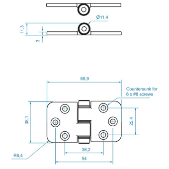 Friction Hinges ROCA 38x70 mm – Polished Marine Stainless Steel Hinges with Pin Location Selection