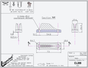 Clamcleat CL209 Midi Open Cleat for 4–8 mm Rope, Black UV-Resistant Nylon