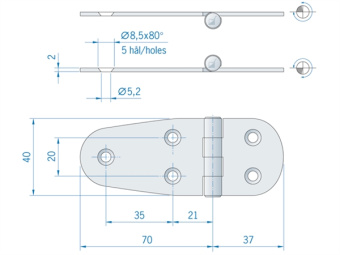 Stainless steel Hinge ROCA 107 x 40mm