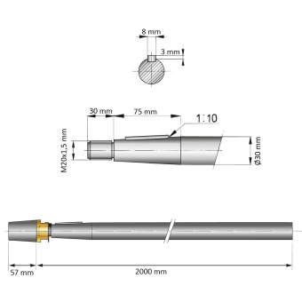 Vetus SA30/2000 - Stainless Steel Shaft with Cap Nut L=2000mm, Ø30mm