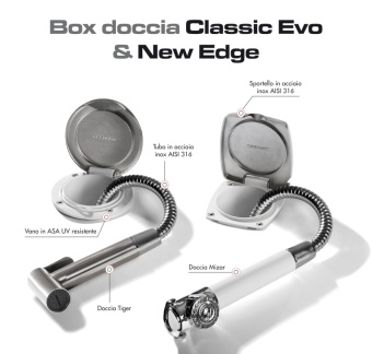 Osculati Classic Evo Stainless Steel Door Boat Shower with Tiger Stainless Steel Shower Head Ø95 mm with White Nylon Hose 4 meter - 15.163.91