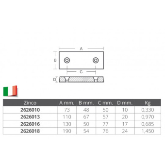E. Polipodio Rectangular Zinc Anode 73X48X10 mm