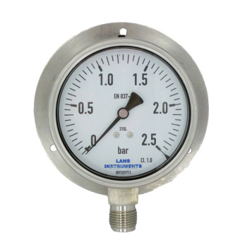 Wika Bourdon Tube Pressure Gauge Stainless Steel, Case Ø 100mm Bottom Connection With Back Flange 1/2'' -1+1.5 Bar
