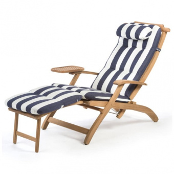 Teak Folding Sun Lounger Navy/Wit Deluxe