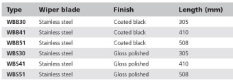 Vetus WBB30 Wiper Blade, Stainless Steel, Coated Black, L = 305 mm